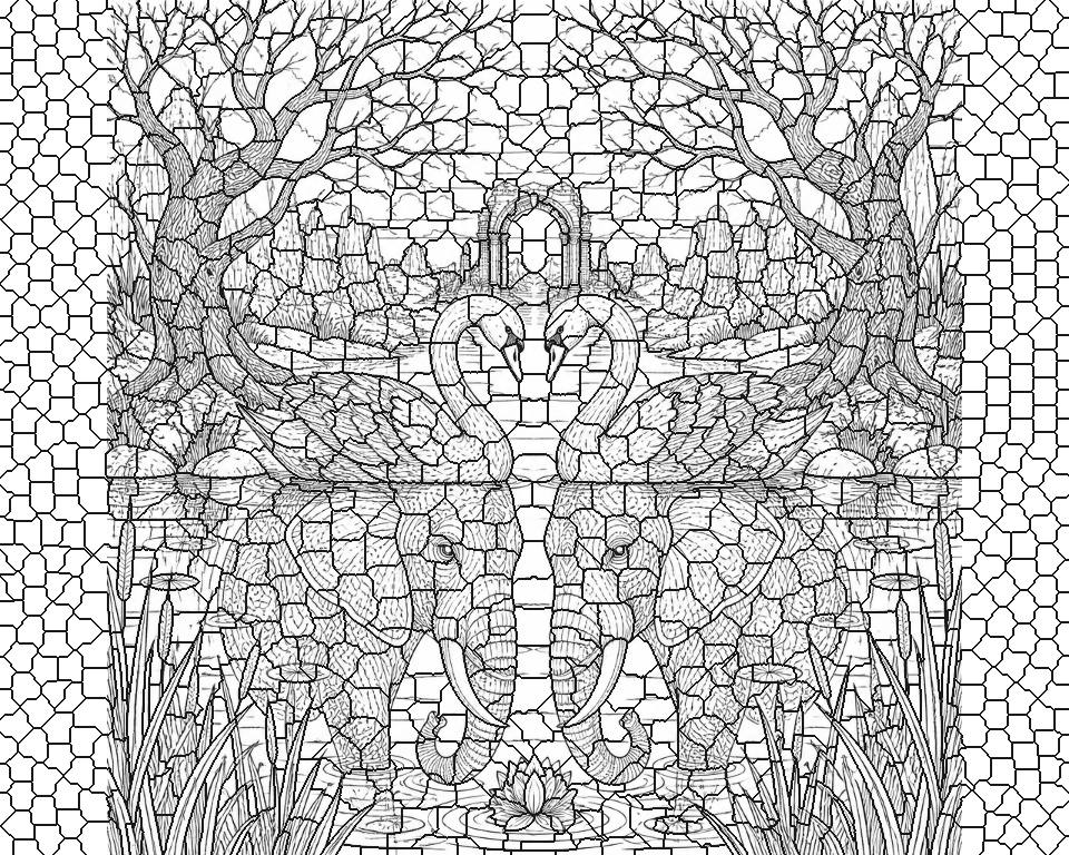 Swans Reflecting Elephants (after Dalí) line art, ready to print