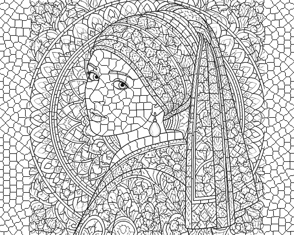Girl with the Pearl Earring (after Vermeer) line art, ready to print