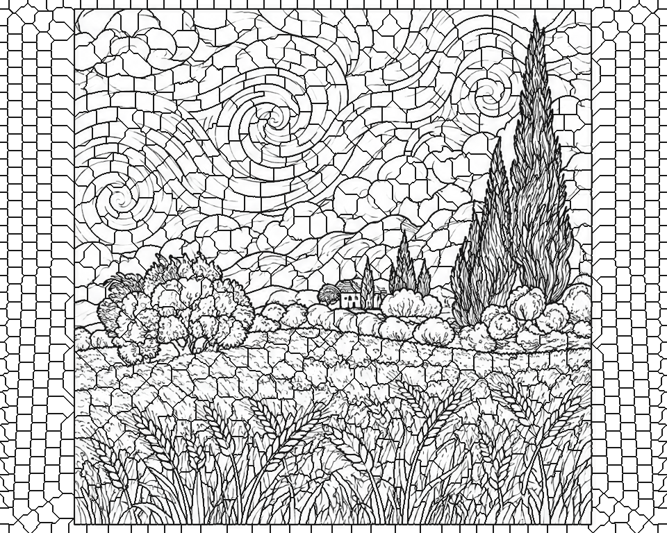 Wheat Field with Cypresses, 1889 (after van Gogh) line art, ready to print