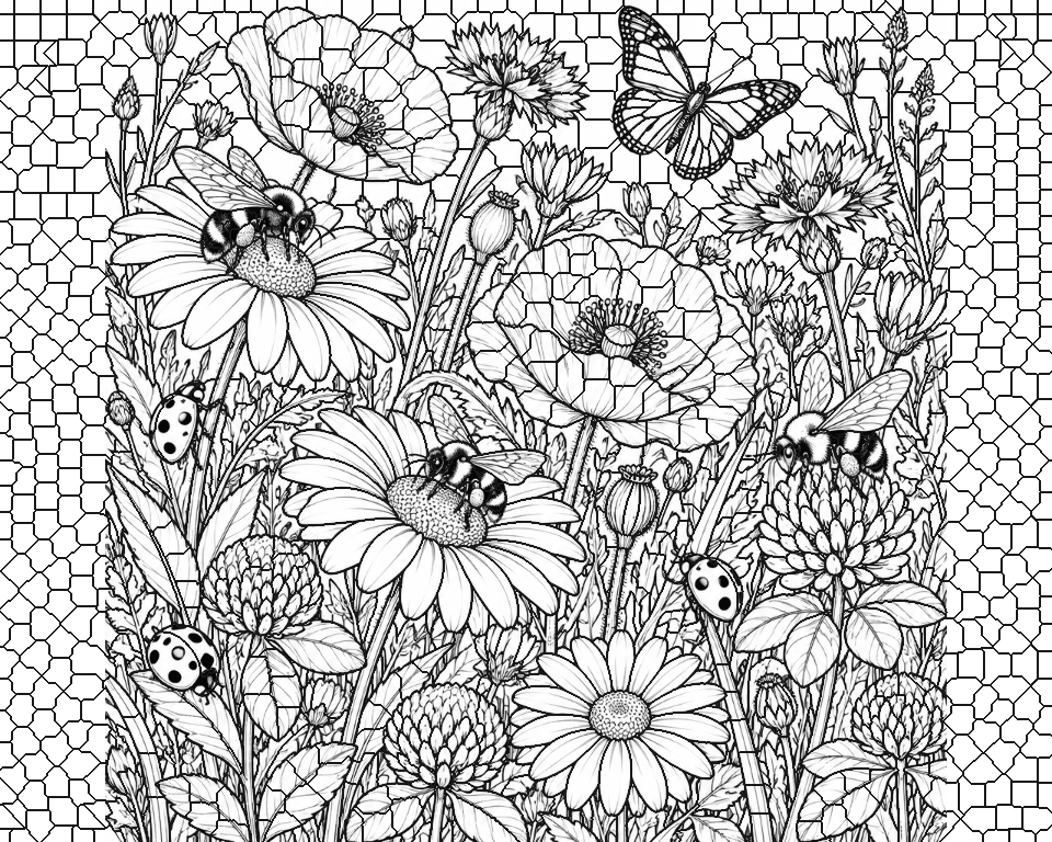 Bees and Ladybugs in the Wildflowers line art, ready to print