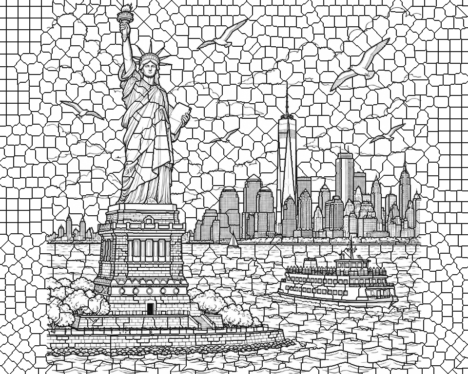 Statue of Liberty and New York Harbor line art, ready to print