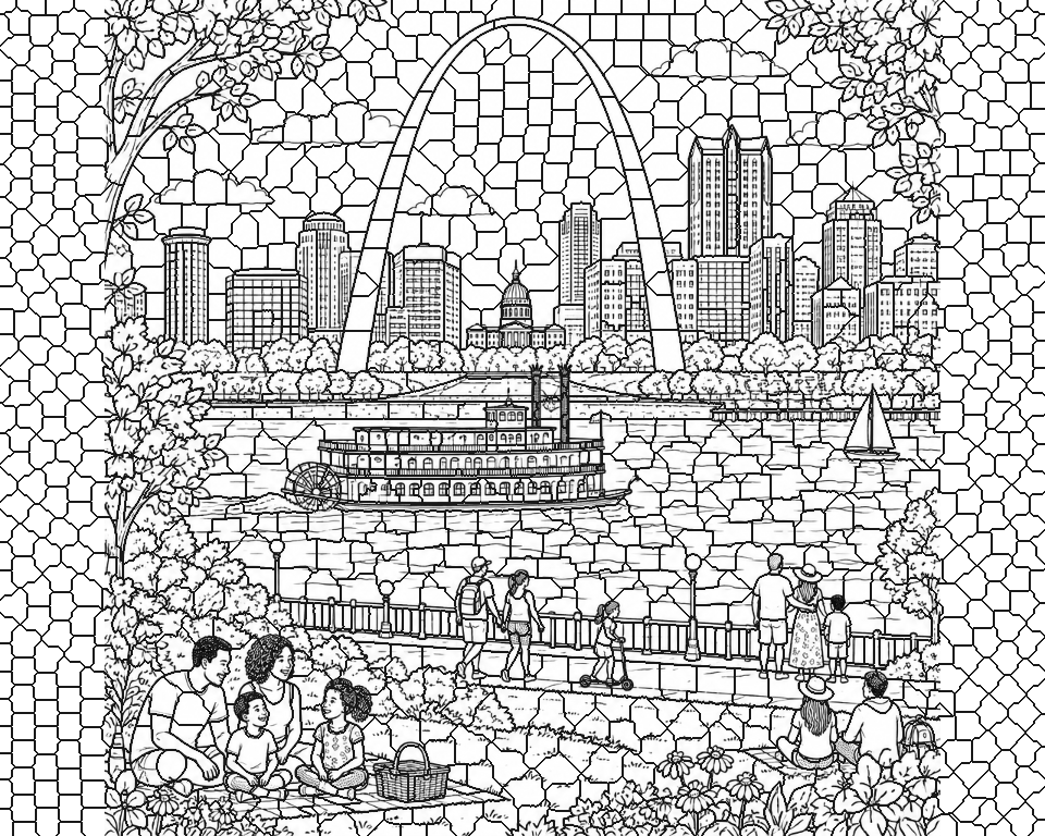 Gateway Arch and St. Louis Riverfront line art, ready to print